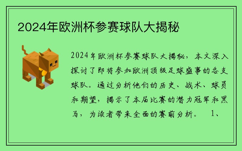 2024年欧洲杯参赛球队大揭秘